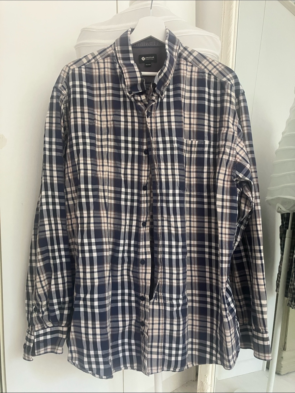 Haggar Navy and White Plaid Button-Down Shirt
